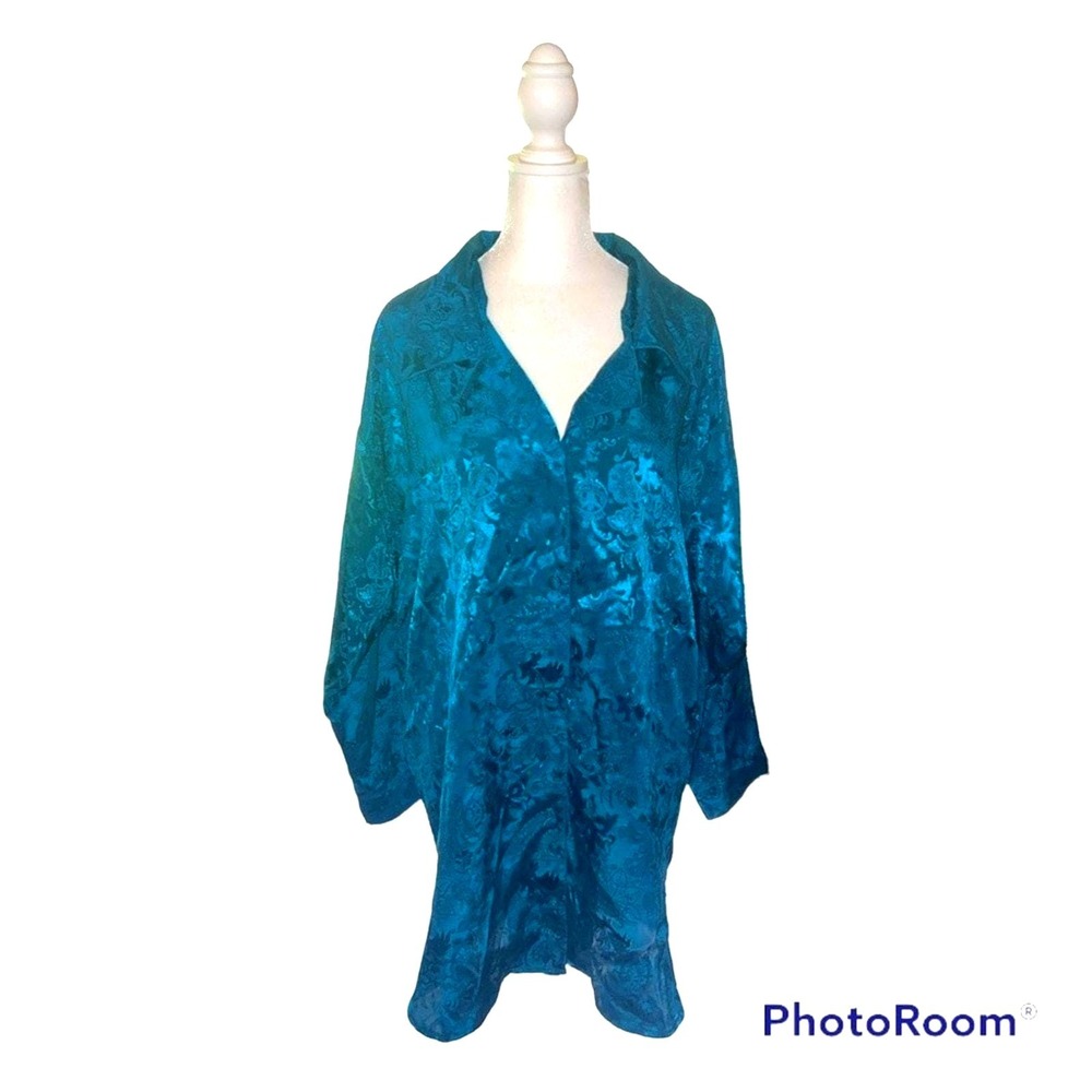 Victoria's‎ Secret Teal Floral Satin Collared Pajama Shirt Nightgown/Top P/S